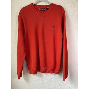 Vintage Y2K Chaps Mens Sweater Size M Orange V Neck Long Sleeve Knit Pullover